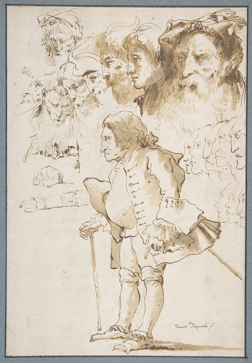 Caricature of a Gentleman and Other Studies by Giovanni Domenico Tiepolo, drawing, 1727-1804