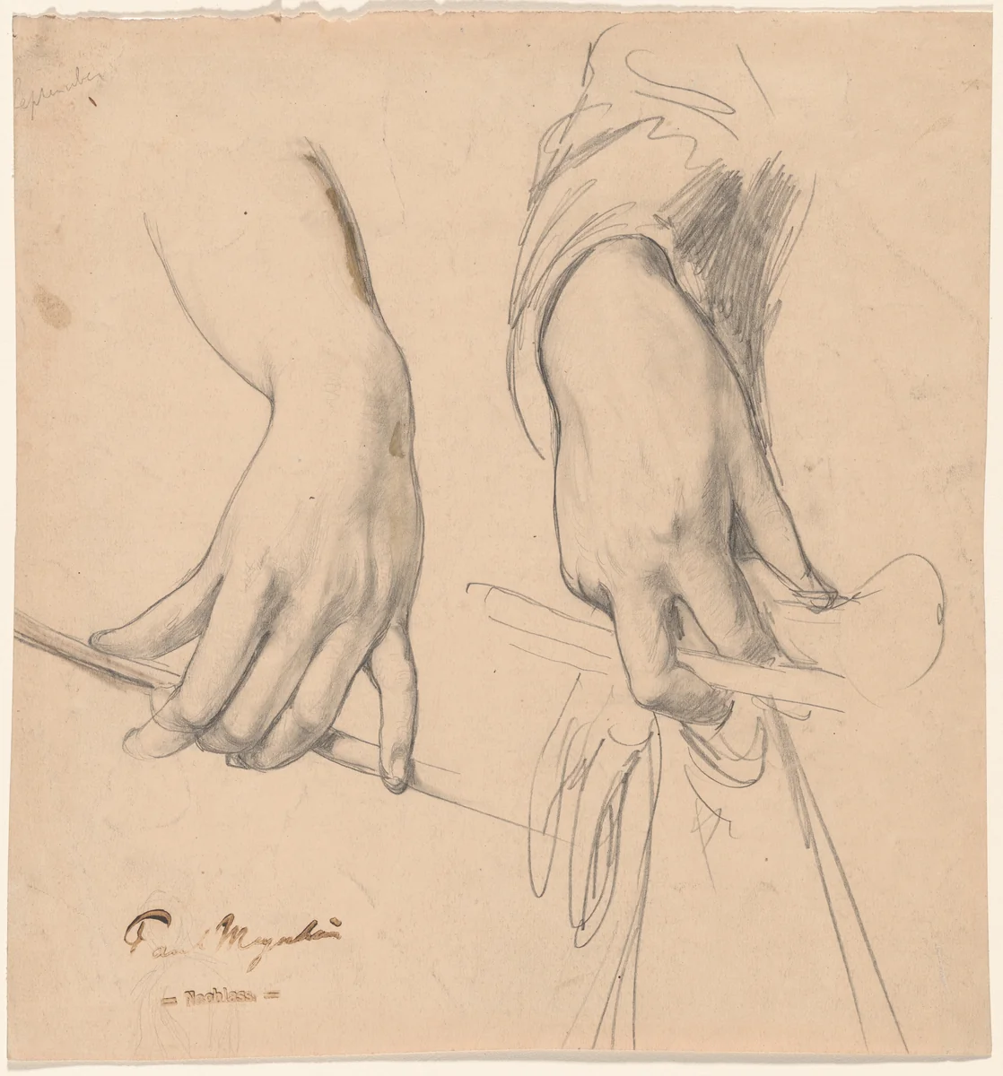 A Left Hand Holding a Staff and a Right Hand Holding a Glove and Riding Crop(?) by Paul Meyerheim, drawing, 1842-1915