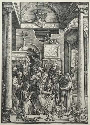 The Virgin and Child Surrounded by Saints and Angels by Albrecht Dürer, print, 1500-1502