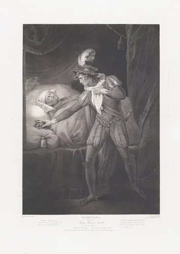 The Palace at Westminster: King Henry and the Prince of Wales (Shakespeare, King Henry IV, Part 2, Act 4, Scene 4) by Robert Thew, print, 1795-1852