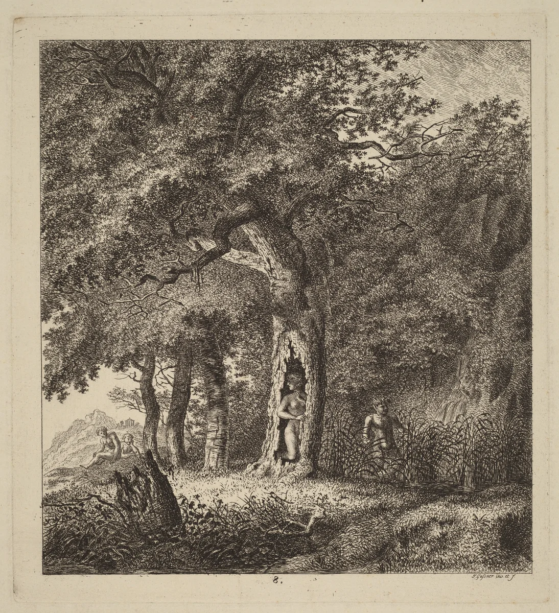 Wooded Landscape with a Nymph and a Satyr by Salomon Gessner, print, 1764