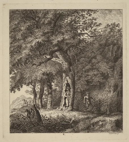 Wooded Landscape with a Nymph and a Satyr by Salomon Gessner, print, 1764