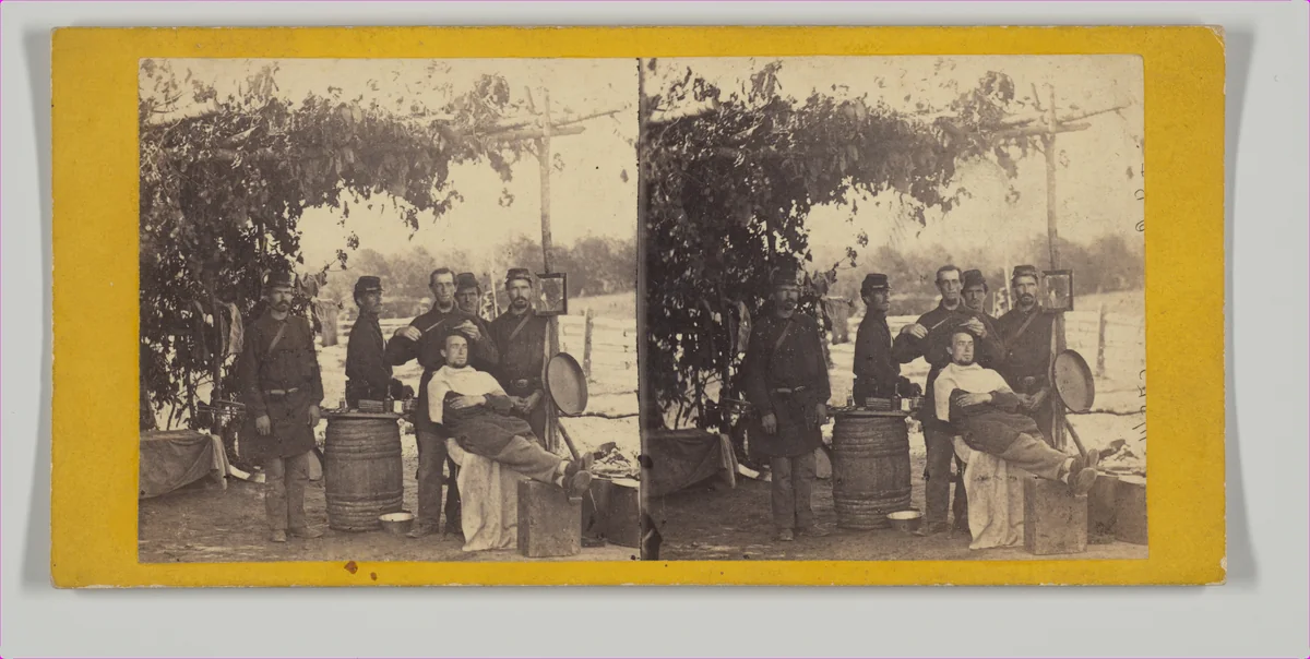 Camp Scenes, Army of the Potomac. The Amateur Barber. by Thomas C. Roche, photograph, 1860-1869