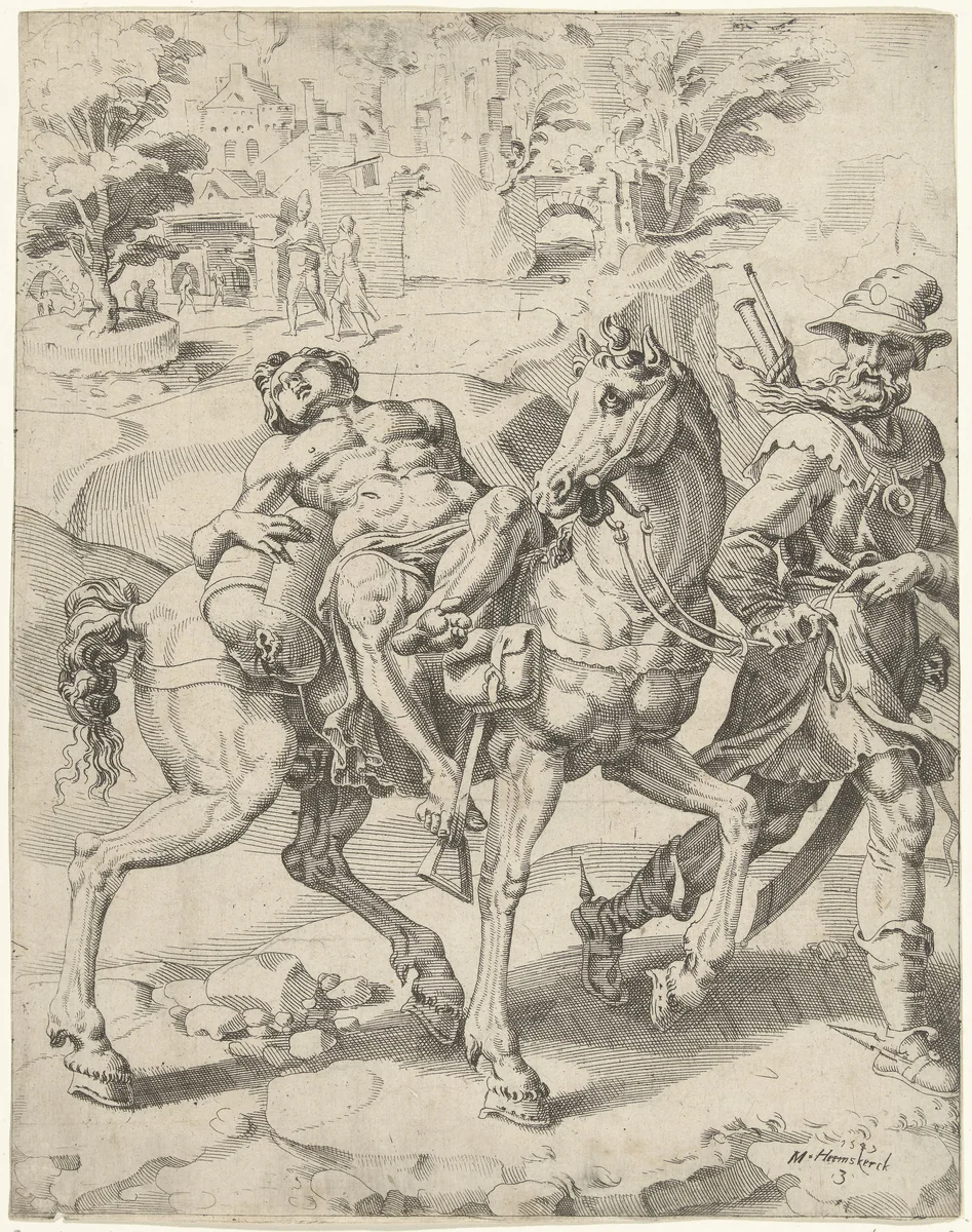 Reis van de barmhartige Samaritaan en de gewonde reiziger by Dirck Volckertsz. Coornhert, print, 1549
