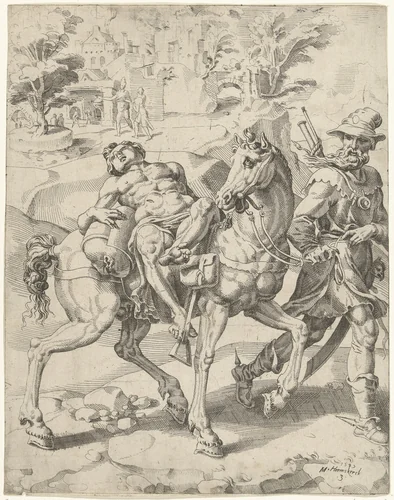 Reis van de barmhartige Samaritaan en de gewonde reiziger by Dirck Volckertsz. Coornhert, print, 1549