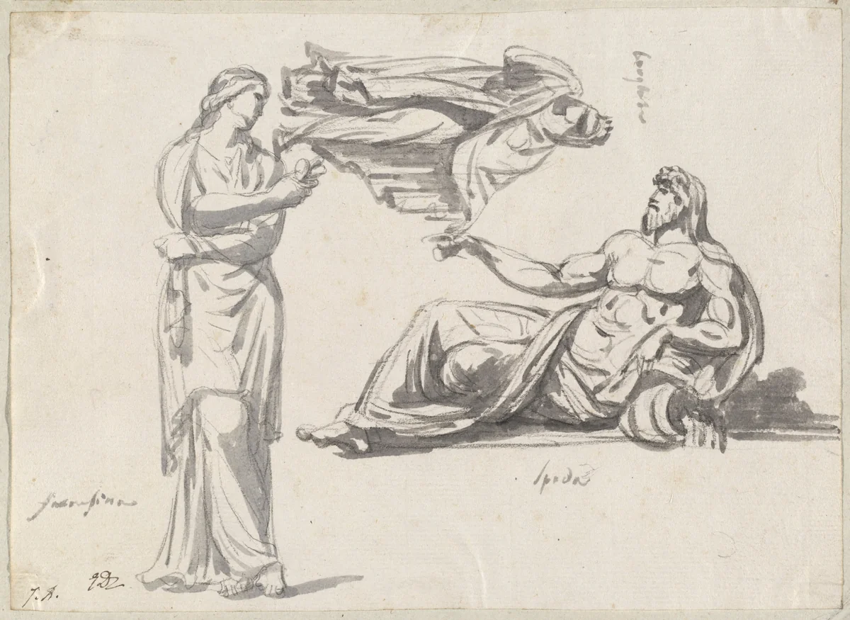 A River God and Two Classical Sculptures by Jacques-Louis David, drawing, 1775-1780