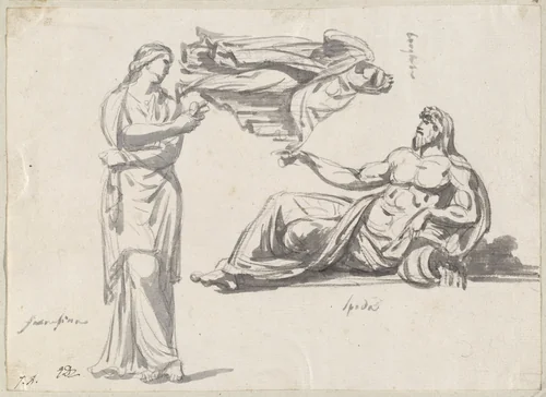 A River God and Two Classical Sculptures by Jacques-Louis David, drawing, 1775-1780