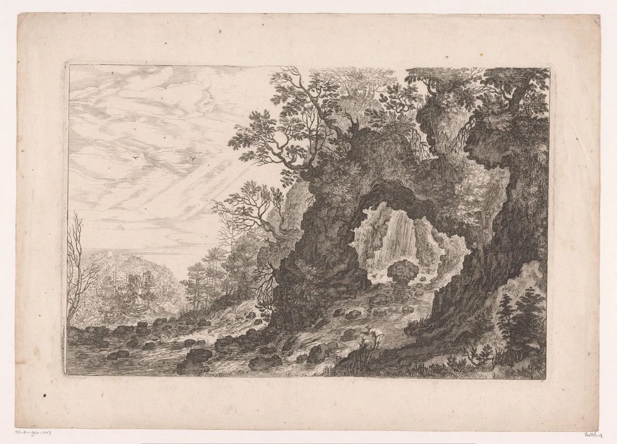 Berglandschap met rotspoort en stromende beek by Unknown, print, 1586-1630