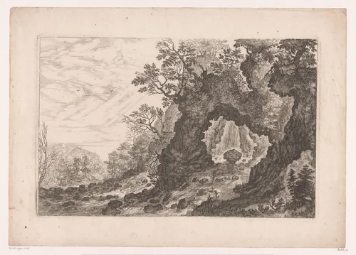 Berglandschap met rotspoort en stromende beek by Unknown, print, 1586-1630