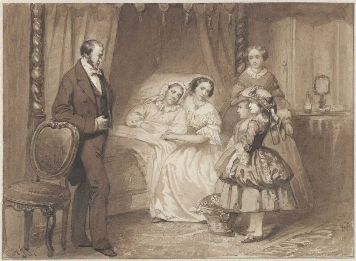 De verjaardag der zieke grootmoeder by Hendrik Jacobus Scholten, drawing, 1834-1907