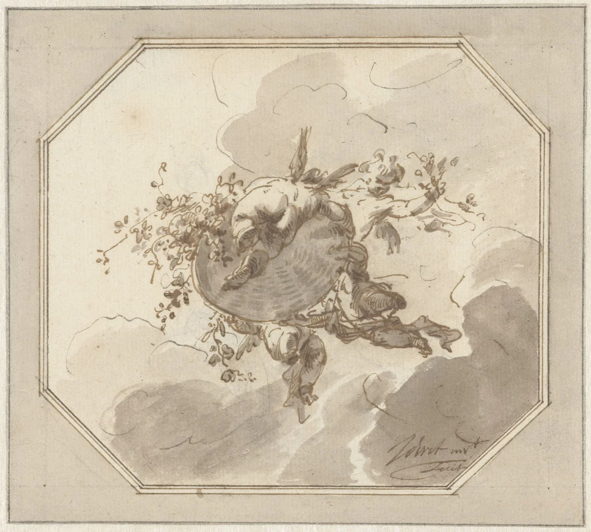 Ontwerp voor plafondschildering met putti met korf by Jacob de Wit, drawing, 1705-1754