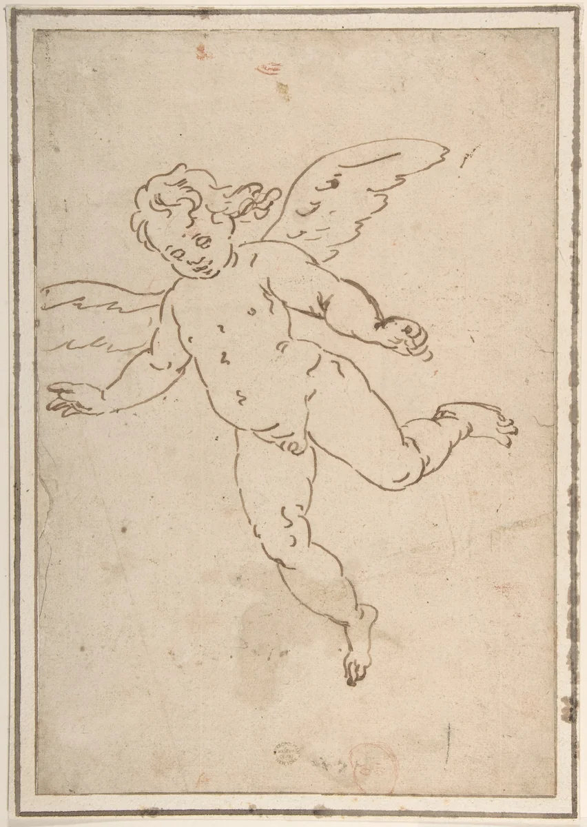 Cupid Flying by Luca Cambiaso, drawing, 1527-1585