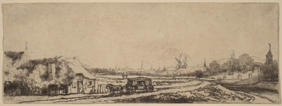 Landscape with a Coach by Philips Koninck, print, 1619-1688