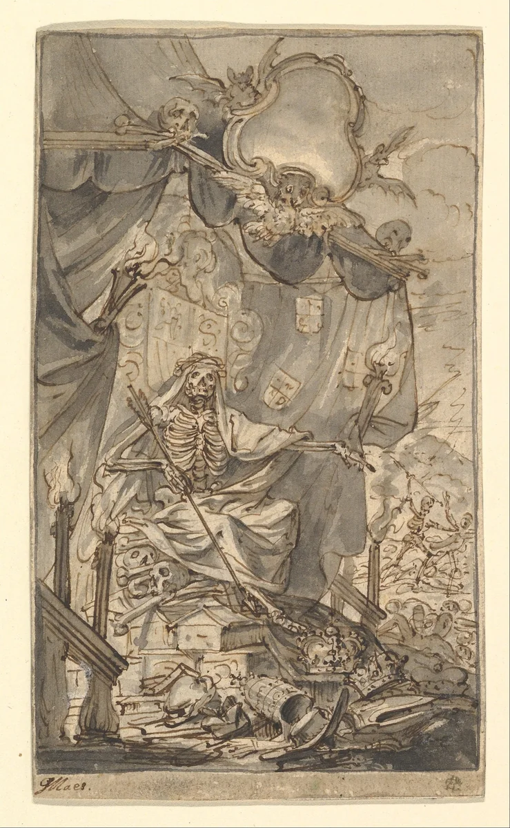 Death on a Canopied Throne (Design for a Title Page) by Godfried Maes, drawing, 1660-1700