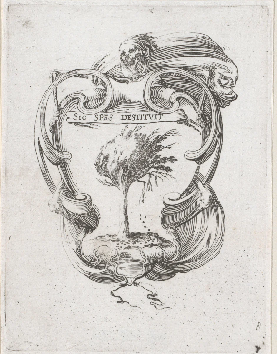 Cartouche met boom in storm by Stefano della Bella, print, 1620-1664