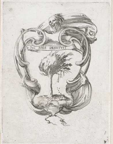 Cartouche met boom in storm by Stefano della Bella, print, 1620-1664