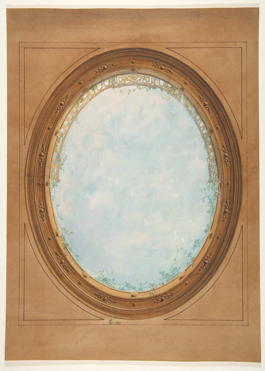 Design for a ceiling with trompe l'oeil balustrade and sky by Jules-Edmond-Charles Lachaise, drawing, 1869