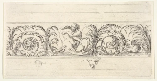 A triton and a siren fighting at center, their legs as scrollwork, a swan to right, the grotesque head of an old man below, plate 6 from "Friezes, foliage, and grotesques" (Frises, feuillages et grotesques) by Stefano della Bella, print, 1638-1643