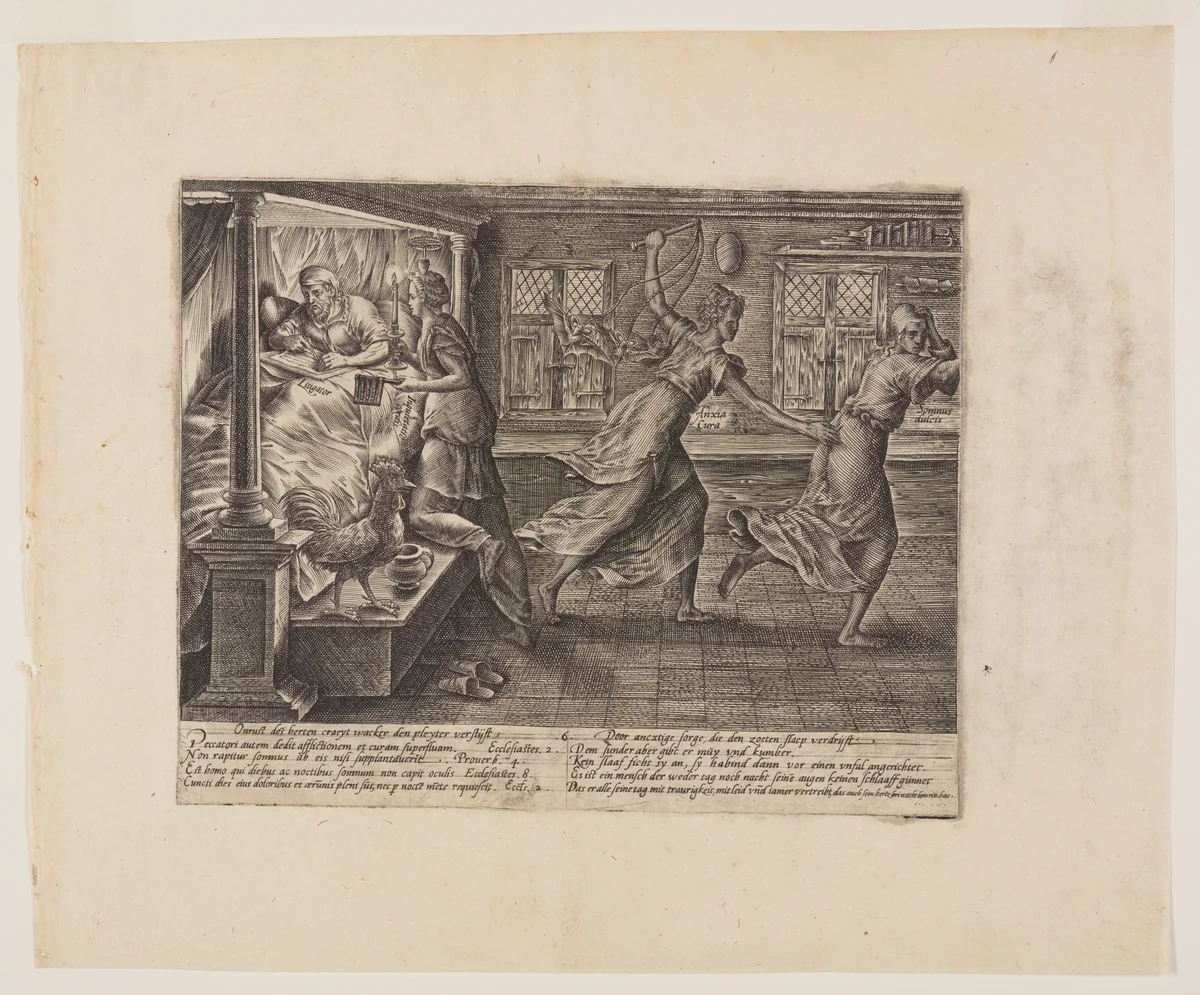The Sleepless Night of the Litigant, from Litis Abusus (The Abuses of the Law) by Hendrick Goltzius, print, 1571-1581