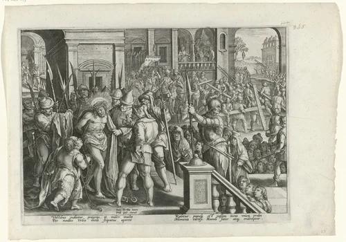 Christus wordt in een scharlaken mantel gekleed by Unknown, print, 1585-1586