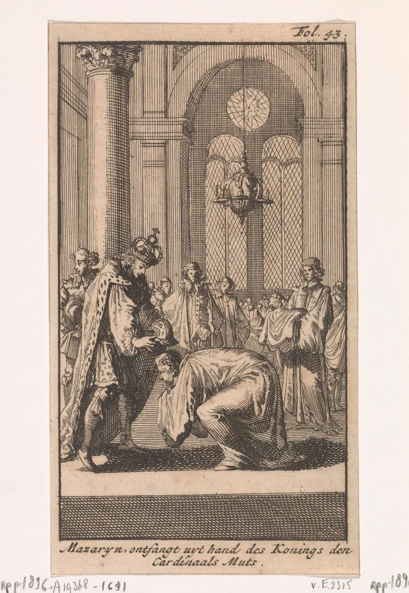 Mazarin ontvangt de kardinaalsmuts van Lodewijk XIII, 1640 by Caspar Luyken, print, 1699