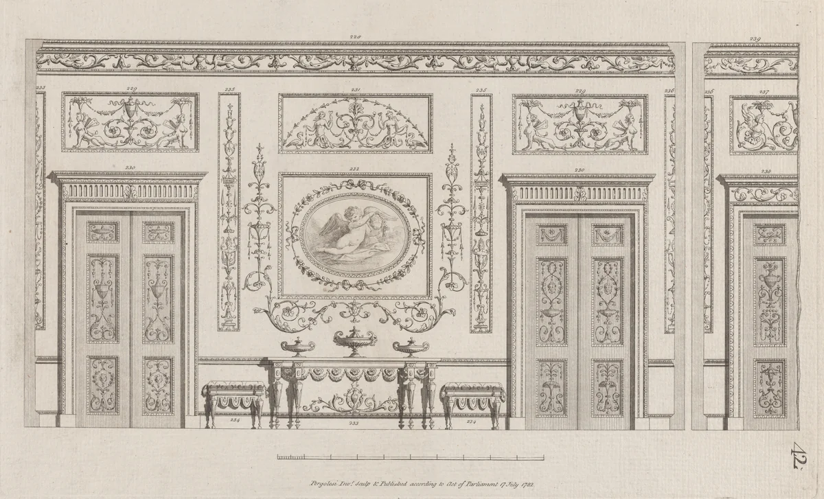 Interior Ornamented Wall with Doors, nos. 228–239, plate 42 from "Designs for Various Ornaments" by Michelangelo Pergolesi, print, 1782