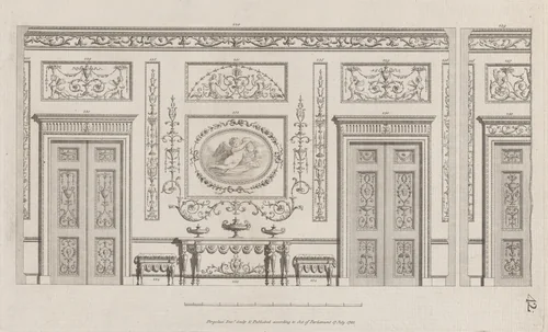 Interior Ornamented Wall with Doors, nos. 228–239, plate 42 from "Designs for Various Ornaments" by Michelangelo Pergolesi, print, 1782