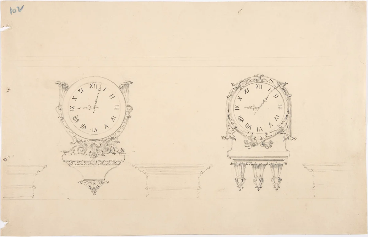 Design for Two Clocks and Three Brackets by anonymous, drawing, 1800-1850
