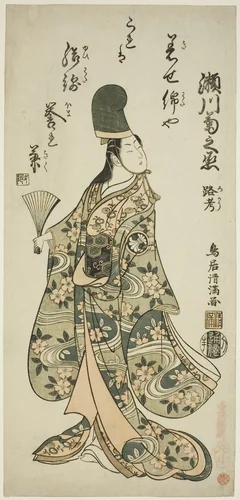The Actor Segawa Kikunojo II as Shirabyoshi Renri in the play "Imayo Dojoji" performed at the Ichimura Theater in the eleventh month, 1756 by Torii Kiyomitsu I, print, 1751-1761
