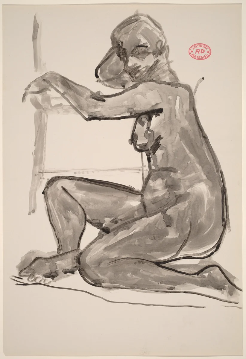Untitled [female nude seated on floor resting arms on chair] by Richard Diebenkorn, drawing, 1955-1967