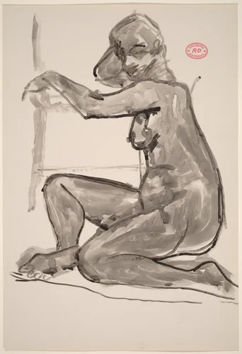 Untitled [female nude seated on floor resting arms on chair] by Richard Diebenkorn, drawing, 1955-1967