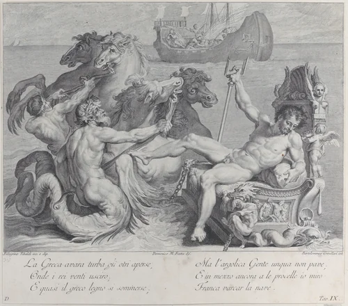 Plate 9: the Greeks opening the bag of wind, thinking there is gold inside, driving their vessel to the island of Circe by Bartolomeo Crivellari, print, 1756