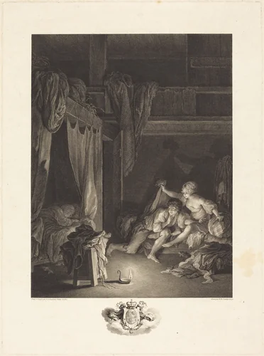 La Sentinelle en défaut by Nicolas Delaunay; Pierre-Antoine Baudouin, print, 1771