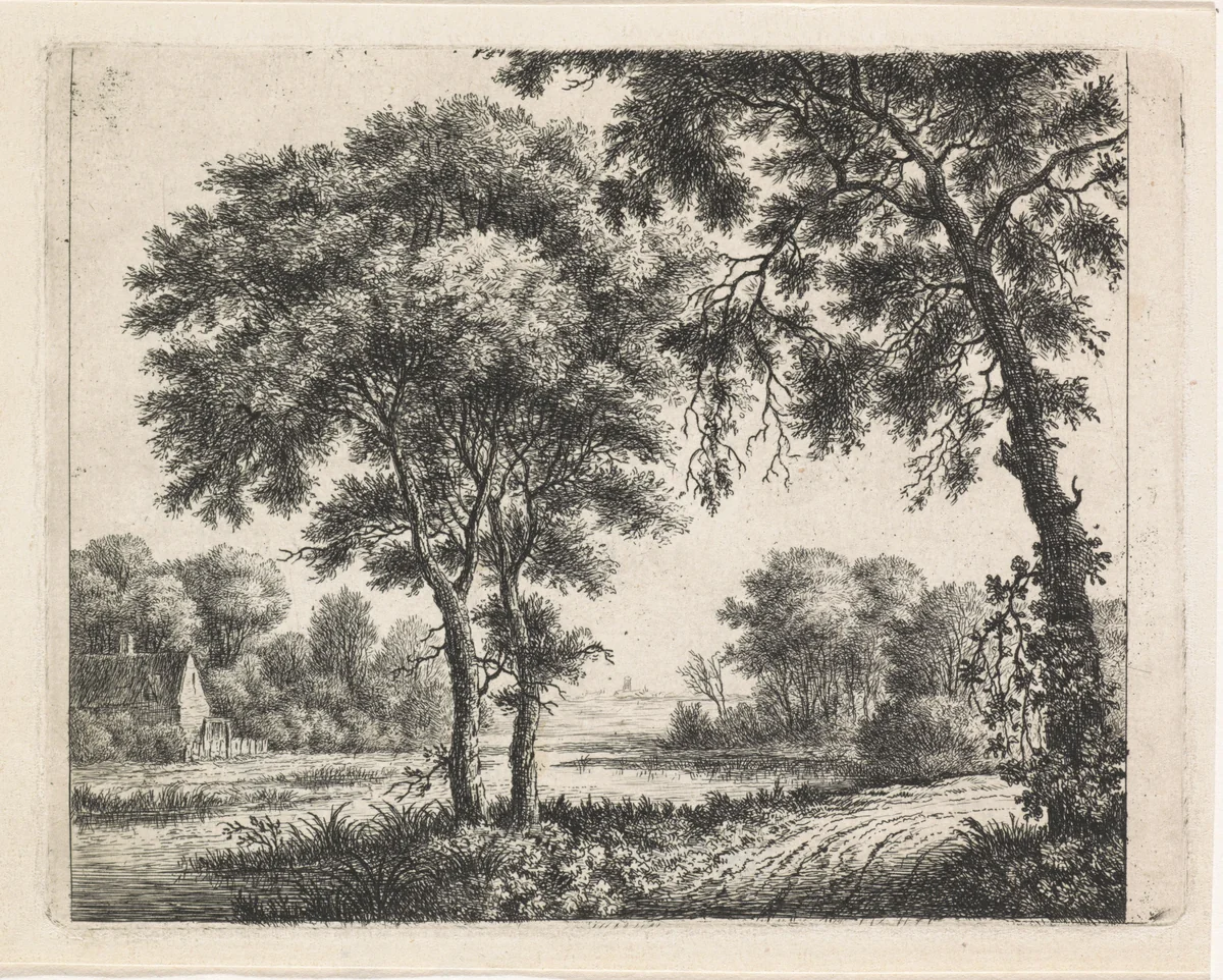 Huis aan de oever van een rivier by anonymous, print, 1630-1740