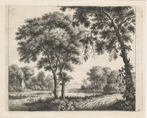 Huis aan de oever van een rivier by anonymous, print, 1630-1740