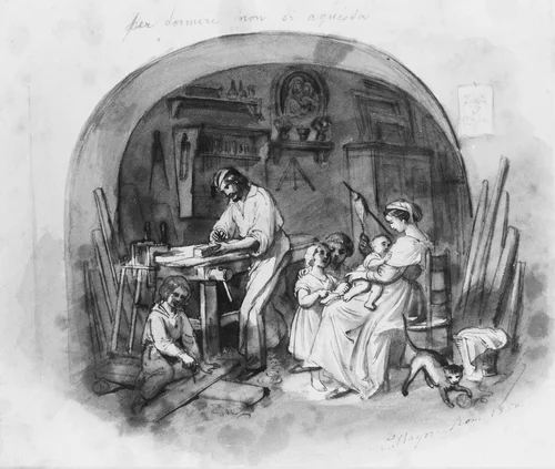Interior Setting: Carpenter at Work with Family (from Cropsey Album) by Constant Mayer, artwork, 1856