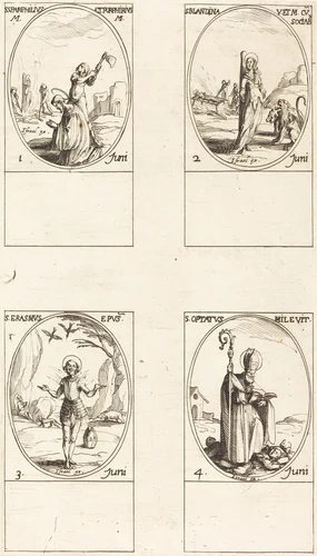 Sts. Pamphilius and Porphyrius; St. Blandina and Companions; St. Erasmus; St. Optatus by Jacques Callot, print, 1627-1637