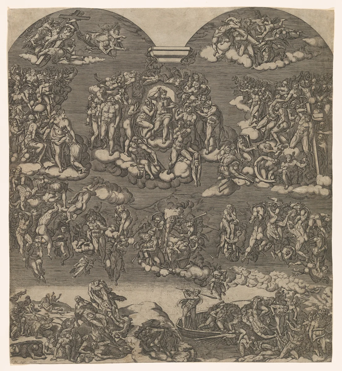 The Last Judgment, Christ at top center surrounded by many figures, below figures sound trumpets and people are being forced from the boat into hell by anonymous, print, 1545-1605