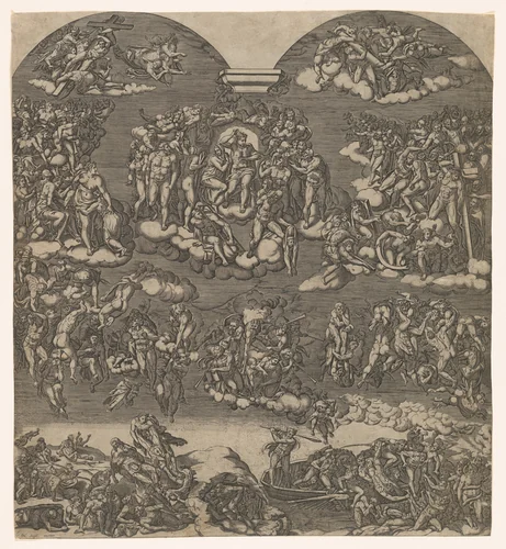 The Last Judgment, Christ at top center surrounded by many figures, below figures sound trumpets and people are being forced from the boat into hell by anonymous, print, 1545-1605
