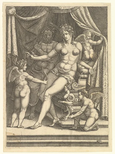 Venus and Vulcan Seated on a Bed and Three Putti by Giorgio Ghisi, print, 1550-1559