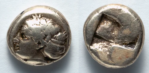 Hecte: Female Head (obverse); Incuse Square (reverse) by Unknown, metalwork, -600--350