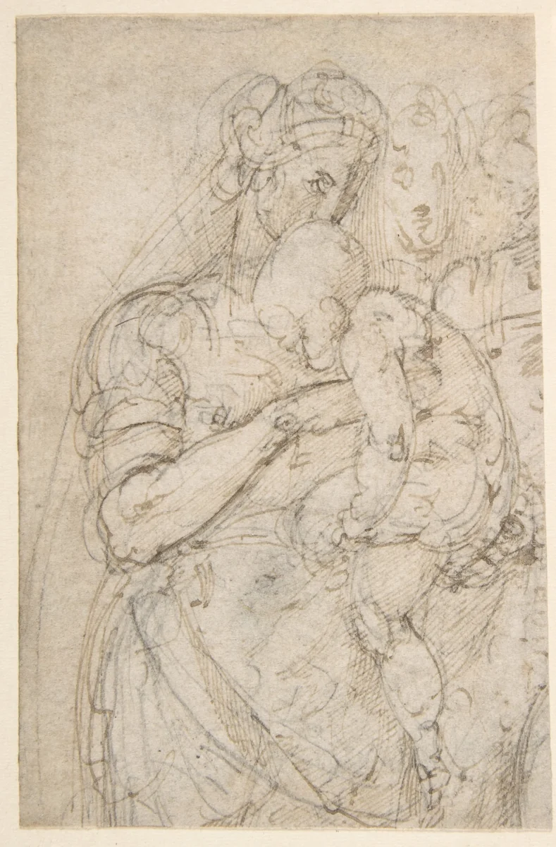 Standing Virgin with Child, Two Heads at Upper Right (recto); Sketch of Steps (verso) by Battista Franco, drawing, 1525-1535