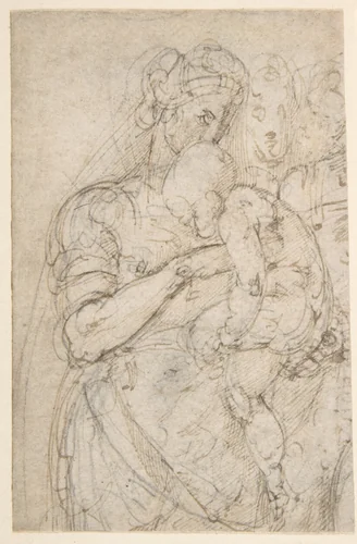 Standing Virgin with Child, Two Heads at Upper Right (recto); Sketch of Steps (verso) by Battista Franco, drawing, 1525-1535