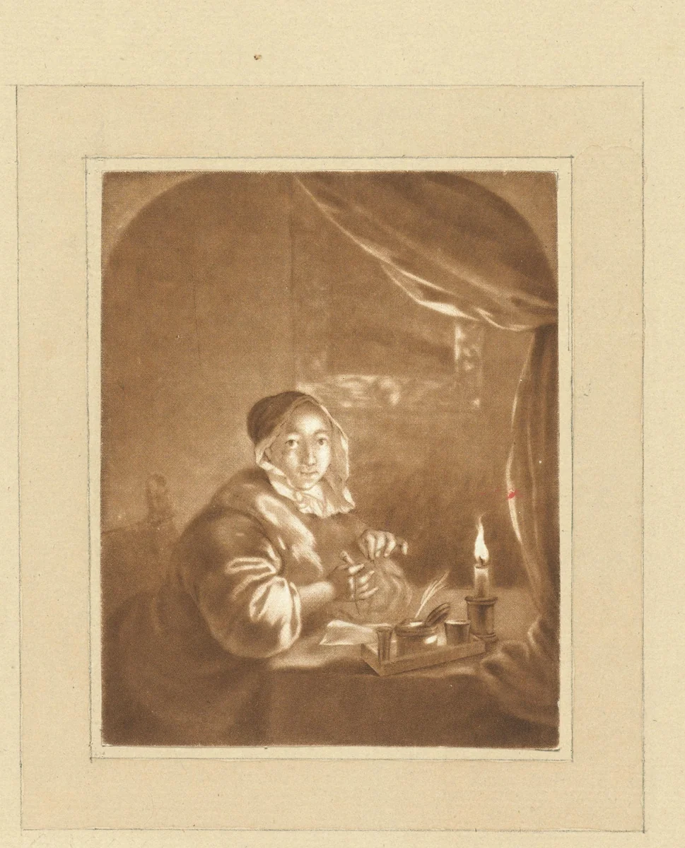 Dame bij kaarslicht by Cornelis Ploos van Amstel, print, 1736-1798