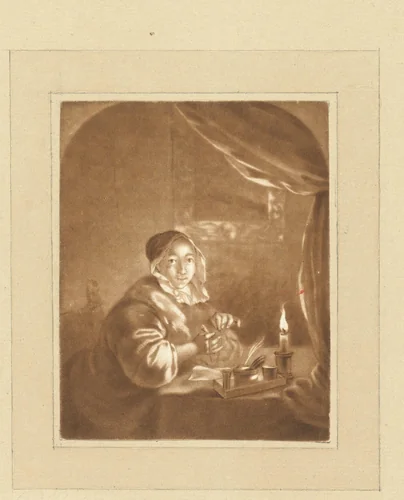 Dame bij kaarslicht by Cornelis Ploos van Amstel, print, 1736-1798