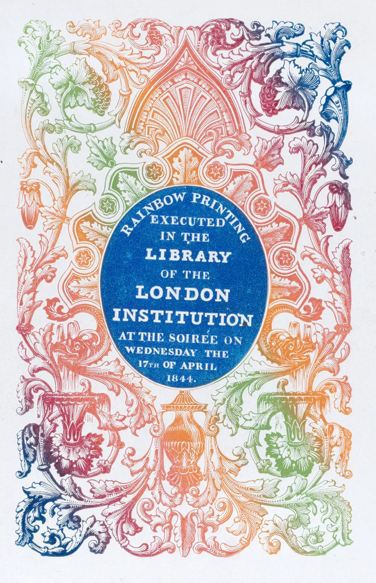 Rainbow-printed Card, made during a Soirée at the Library of the London Institution by anonymous, print, 1844