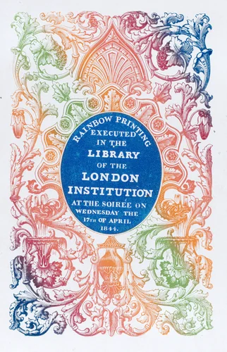 Rainbow-printed Card, made during a Soirée at the Library of the London Institution by anonymous, print, 1844