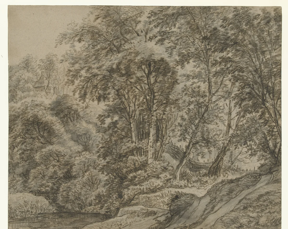 Bosgezicht buiten Nijmegen by Anthonie Waterloo, drawing, 1619-1690