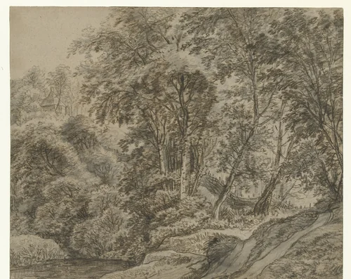 Bosgezicht buiten Nijmegen by Anthonie Waterloo, drawing, 1619-1690