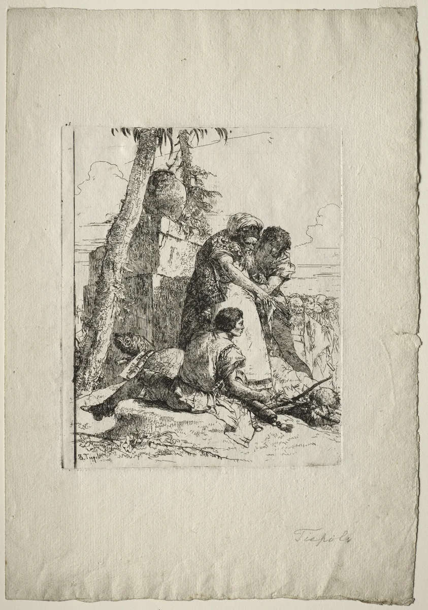 Scherzi di Fantasia: Magician Pointing Out a Burning Head to Two Youths by Giovanni Battista Tiepolo, print, 1745-1765